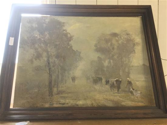 Oil on canvas of cattle in a country lane